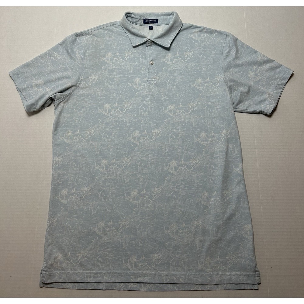 Peter Millar Crown Comfort Golf Polo Shirt Blue Men Size Large AOP Route 66 EUC